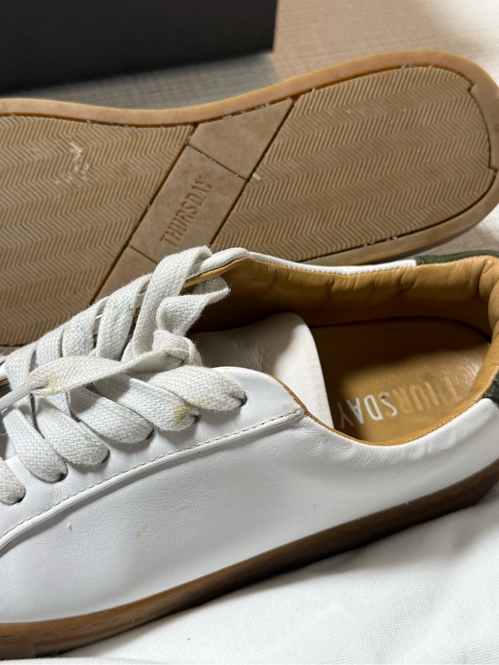 Thursday Boot Company Women’s White Sneakers with Gum Sole and Olive Heel - Picture 5 of 7